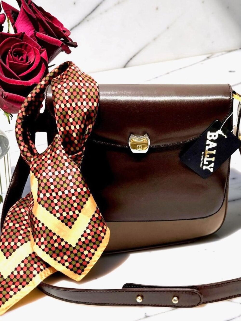 NEW Classic Evening Bally Shoulder Bag Brown Leather +100% Silk Scarf(9 - Picture 2 of 16